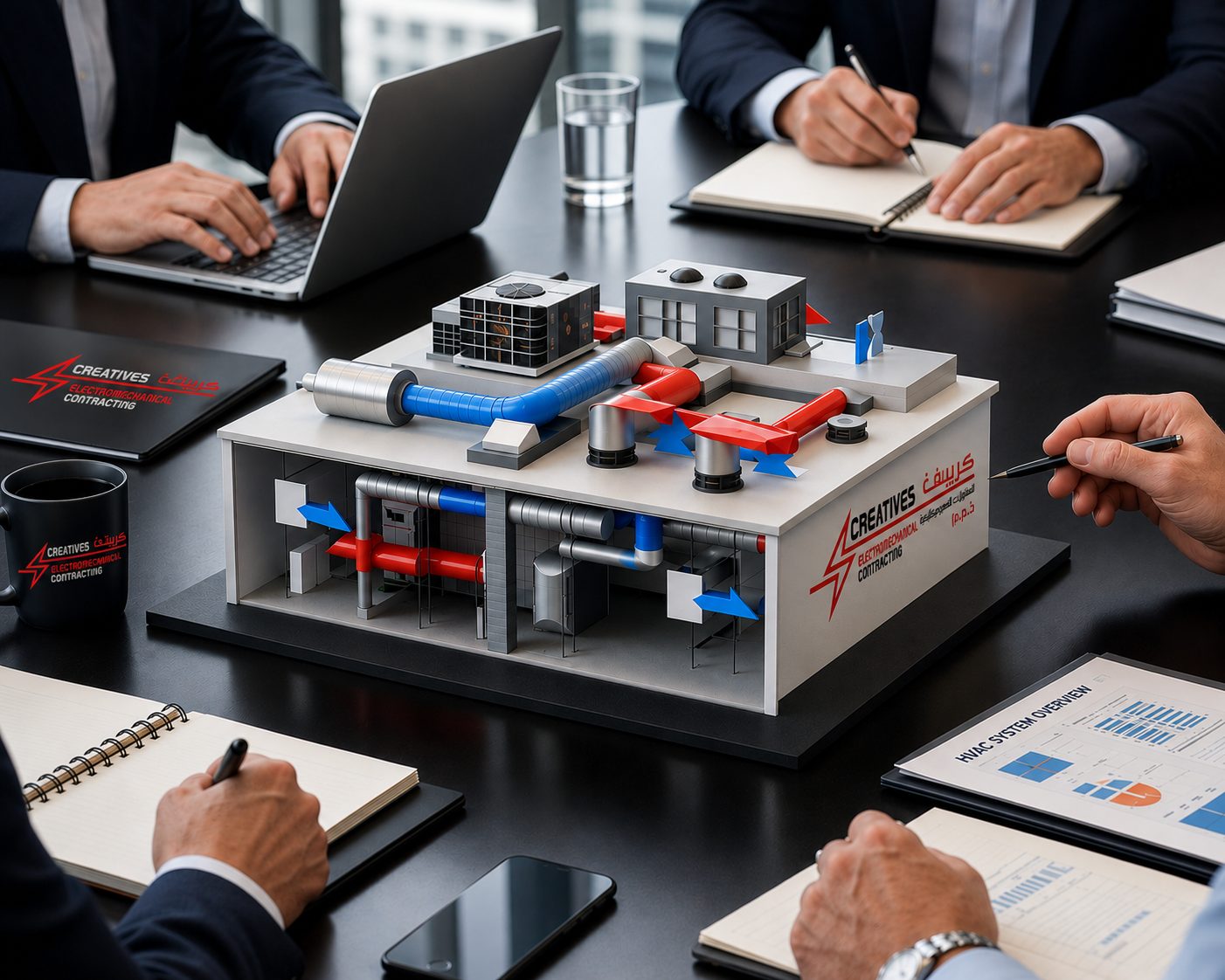 Creatives Electromechanical team reviewing an HVAC system model